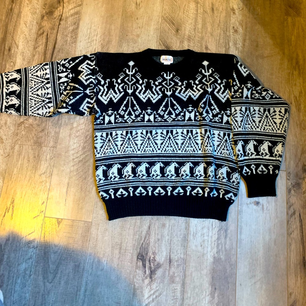 VINTAGE black white grandpa style knit sweater size medium perspective brand